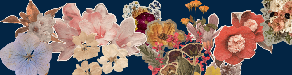 Decapage style flowers  of poppy red, mauve, yellow and white on a dark blue background